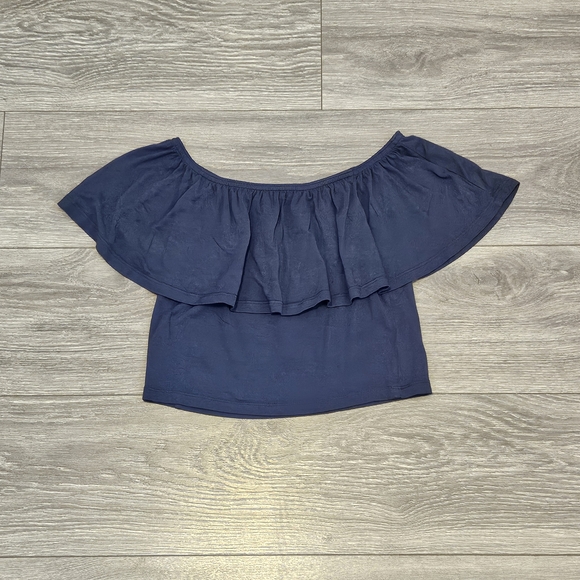Navy Ruffle Off The Shoulder Top - Picture 4 of 6